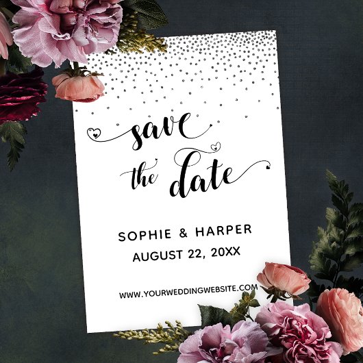 Zilveren Confetti en kalligrafie met harten Save The Date