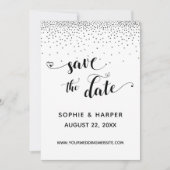 Zilveren Confetti en kalligrafie met harten Save The Date (Voorkant)