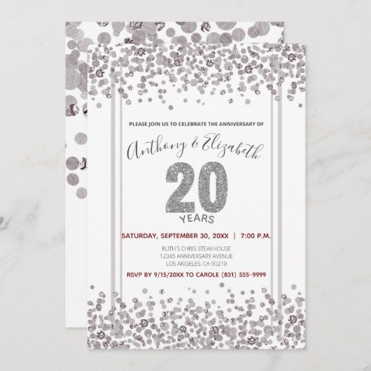 Zilveren Confetti Glitter-Stijl 20e Verjaardag Kaart (Voorkant / Achterkant)