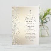 Zilveren Confetti Goud Ombre Eerste Heilige Commun Kaart (Staand voorkant)