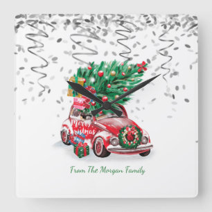 Zilveren Confetti, Kerst Rode Auto Pine Tree Snow Vierkante Klok