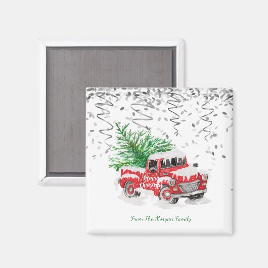 Zilveren Confetti, kerstrode driekleurenboom sneeu Magneet (Voorkant / Achterkant)