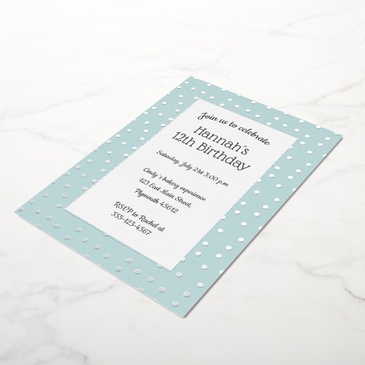 zilveren confetti pastelblauwe verjaardagskaart folie uitnodiging (Gedraaid)