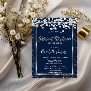 Zilveren confetti-stippen marineblauwe Sweet 16 Kaart
