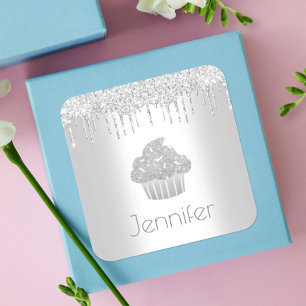 Zilveren cupcake glitter druppels chique elegante vierkante sticker