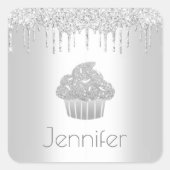 Zilveren cupcake glitter druppels chique elegante  vierkante sticker (Voorkant)