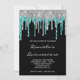 Zilveren Cyaan Glitter Druppels Zwarte Quinceañera Kaart