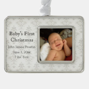 Zilveren Damask Baby's Eerste Kerstmis Verzilverd Kader Ornament