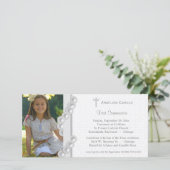 Zilveren Damast Parels Eerste Communie Foto Uitnod (Staand voorkant)