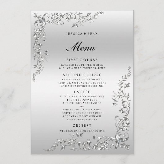 Zilveren decoratie bruiloft menu (Voorkant)