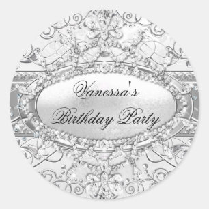 Zilveren Diamant & Damast Verjaardagssticker Ronde Sticker