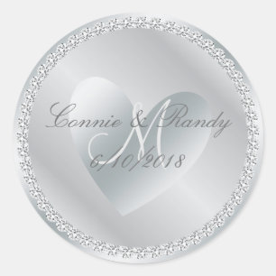 Zilveren Diamant en Hart Monogram Bruiloft Sticker