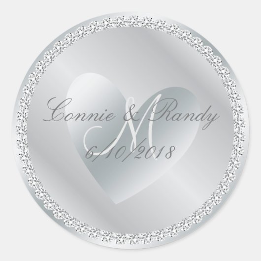 Zilveren Diamant en Hart Monogram Bruiloft Sticker (Voorkant)