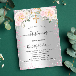 Zilveren doop roze bloemen glitters meisje uitnodiging briefkaart