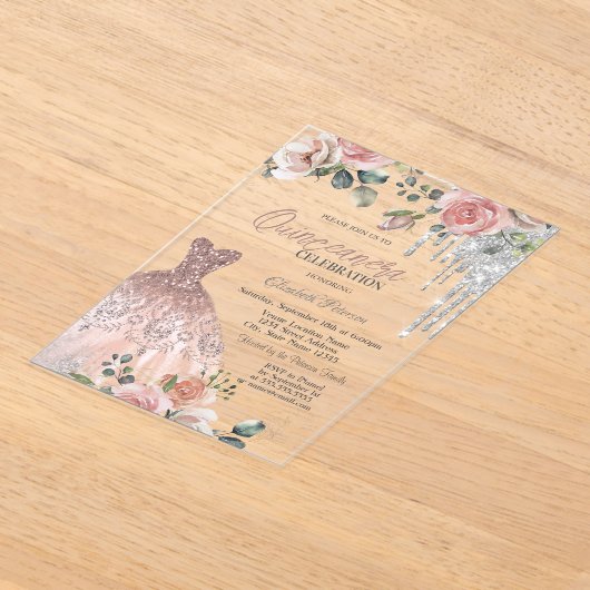 Zilveren druppels, jurk, Rozen roze quinceanera Acryl Uitnodigingen (Laagn)