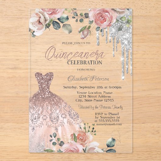 Zilveren druppels, jurk, Rozen roze quinceanera Acryl Uitnodigingen (Voorkant)