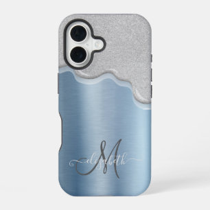 Zilveren druppels monogram blauw metallic iPhone 16 hoesje