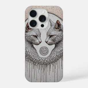 Zilveren Dubbele Katten ✨ Symmetrische Gezichten E iPhone 15 Pro Hoesje