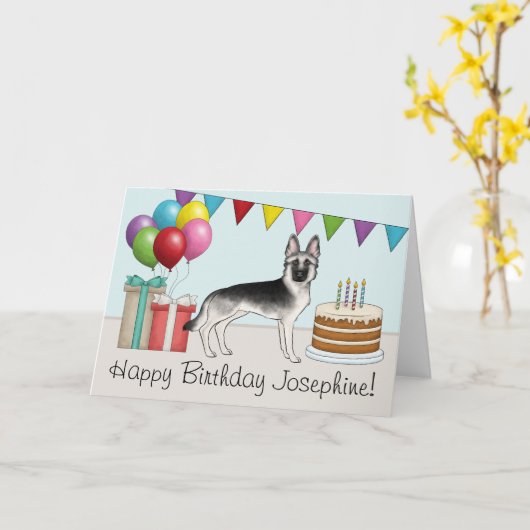 Zilveren Duitse Herder Hond Kleurrijke Gelukkige V Kaart (Gele Bloem)