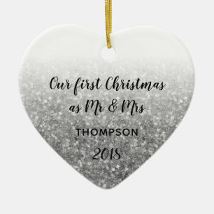 Zilveren eerste kerst als meneer en mevrouw getrou keramisch ornament
