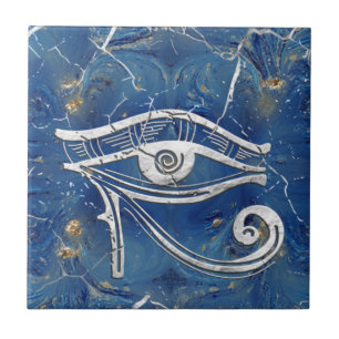 Zilveren Egyptische Oog van Horus op blauwe marmer Tegeltje