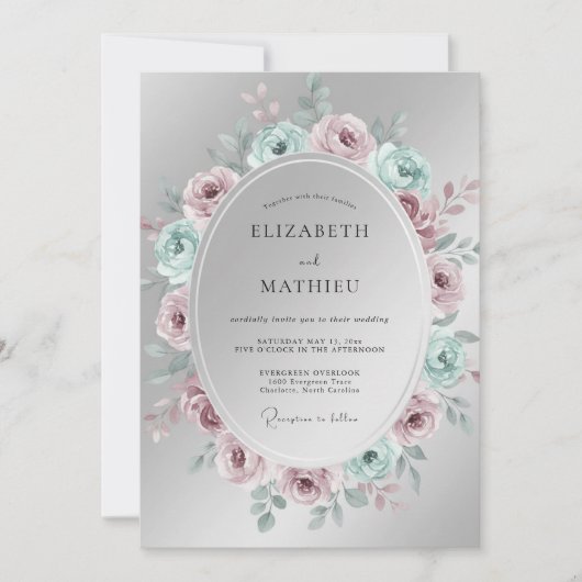 Zilveren Elegante Bloemige Bruiloft Kaart (Voorkant)