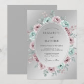 Zilveren Elegante Bloemige Bruiloft Kaart (Voorkant / Achterkant)