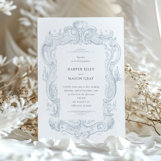 Zilveren Elegantie Barok Bruiloft Uitnodiging