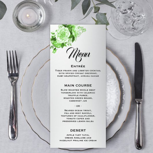 Zilveren Elegantie Groene Rozen Bruiloft Menu