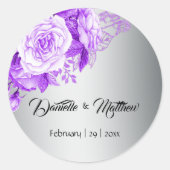 Zilveren Elegantie Paarse Rose Boeket Bruiloft Ronde Sticker (Voorkant)