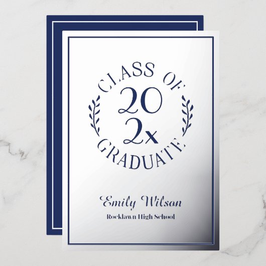 Zilveren en blauwe klasse van 2025 Graduation Part Folie Uitnodiging (Voorkant / Achterkant)