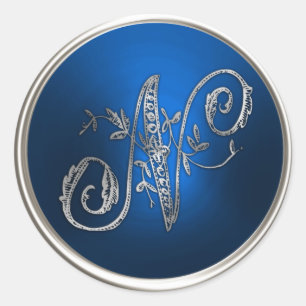 Zilveren en blauwe monogram N-enveloppeel Ronde Sticker