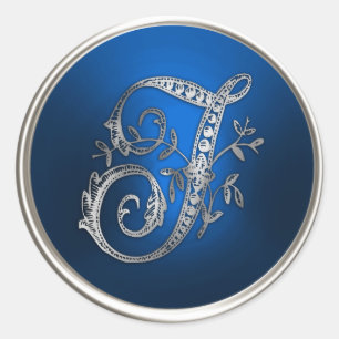 Zilveren en blauwe Monogram T-enveloppezegel Ronde Sticker
