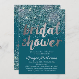 Zilveren en Blauwgroen Glitter Bridal Shower-uitno Kaart