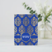 Zilveren en koningsblauwe damast monogram briefkaart (Staand voorkant)