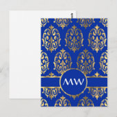Zilveren en koningsblauwe damast monogram briefkaart (Voorkant / Achterkant)