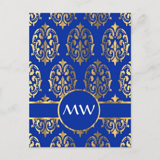 Zilveren en koningsblauwe damast monogram briefkaart (Voorkant)