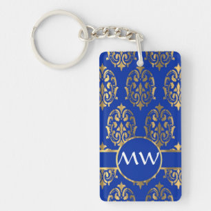 Zilveren en koningsblauwe damast monogram sleutelhanger