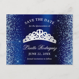 Zilveren en marineblauwe Quinceanera save the date Briefkaart