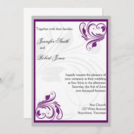 Zilveren en Paarse Bloemenhart Bruiloft Uitnodigin Kaart (Voorkant / Achterkant)