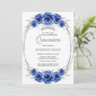 Zilveren en Royal Blue Rozen Elegant Quinceanera Kaart