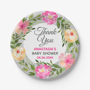 Zilveren en roze bloemenkrans Bedankt Baby Shower Papieren Bordje