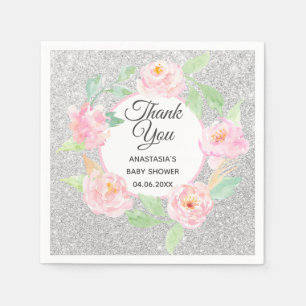 Zilveren en roze bloemenkrans Bedankt Babyshower Servet
