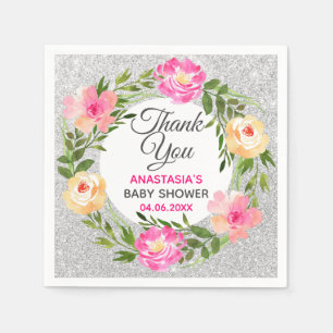 Zilveren en roze bloemenkrans Bedankt Babyshower Servet