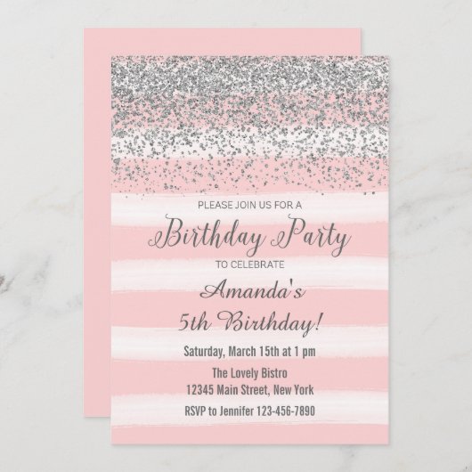Zilveren en roze Waterverf verjaardagsuitnodiging Kaart (Voorkant / Achterkant)