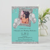 Zilveren en turquoise glittersprinker fotolijst kaart (Staand voorkant)