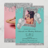 Zilveren en turquoise glittersprinker fotolijst kaart (Voorkant / Achterkant)