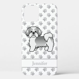 Zilveren en witte Shih Tzu-cartoonhond & naam iPhone 12 Pro Hoesje