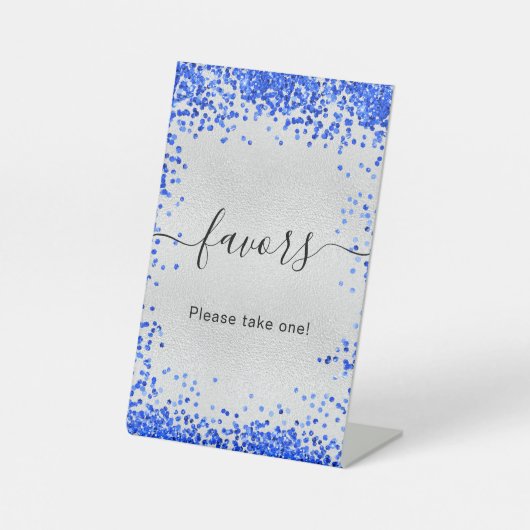 Zilveren feestartikelen in koningsblauw reclamebord met voetstuk (Voorkant)