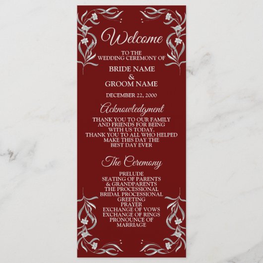  zilveren flessenpatroon rode legante bruiloft programma (Voorkant)